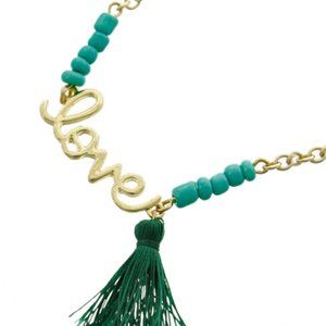 GOLD TONE GREEN BEAD LOVE TASSEL CHARM NECKLACE